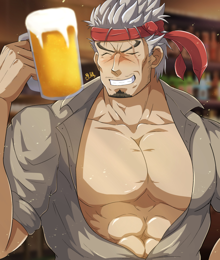 1boy abs alcohol alternate_costume arslan_senki bara bare_pectorals beer beer_mug blurry blurry_background closed_eyes collarbone collared_shirt commentary_request contemporary cup facial_hair goatee grey_hair highres holding holding_cup indoors kubard large_pectorals male_focus mug muscular muscular_male mustache_stubble necktie necktie_on_head partially_unbuttoned pectorals scar scar_across_eye scar_on_face shirt short_hair sideburns_stubble signature sleeves_rolled_up solo stubble upper_body zeff_ozaki