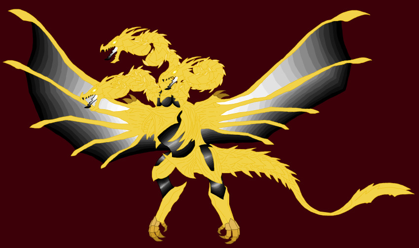 absurdres armor beast claws dragon dragon_horns dragon_wings electricity_elemental elemental_(creature) energy energy_being extradimensional_being fangs ghost glowing glowing_eyes godzilla:_the_planet_eater godzilla_(series) gold_skin highres horns kaiju king_ghidorah light_elemental lightning_elemental mandibles monster mspaint multiple_heads multiple_tails no_humans no_pupils open_mouth polygon_pictures scales sharp_teeth spikes spines spirit tail teeth toho tokusatsu wings yellow_eyes