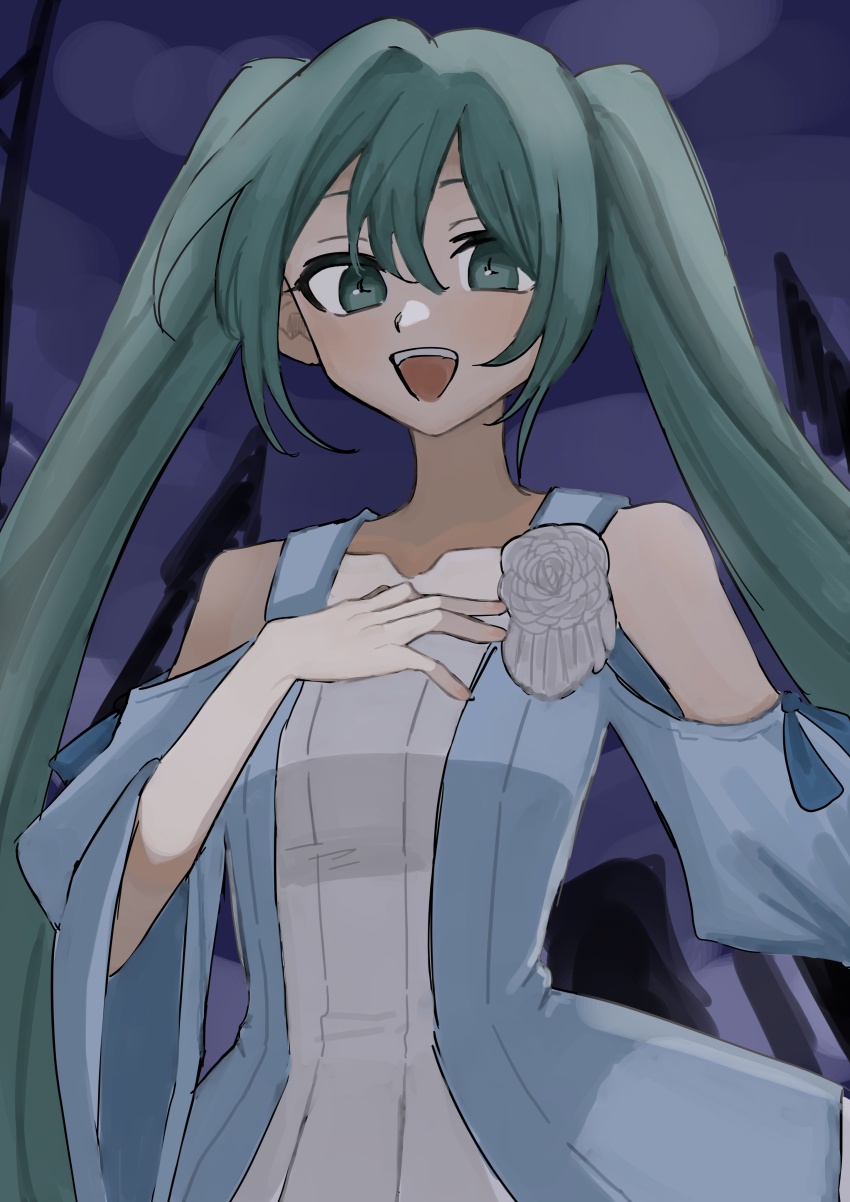 1girl absurdres aqua_eyes building clothing_cutout collarbone dress_flower evillious_nendaiki false_smile flower hair_between_eyes hand_on_own_chest hatsune_miku highres light_blue_dress long_hair margarita_blankenheim nagi5173975415 nemurase_hime_kara_no_okurimono_(vocaloid) open_mouth purple_sky rose shoulder_cutout silhouette sky smile solo twintails very_long_hair vocaloid white_flower white_rose wide_sleeves
