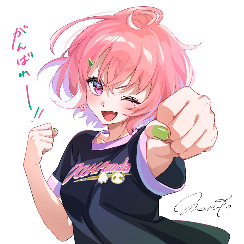 1girl ahoge blue_shirt blush breasts earrings fang fingernails green_nails hair_ornament hairclip highres jewelry looking_at_viewer medium_hair meruto0924 mole mole_under_eye multicolored_hair nail_polish nijisanji octopus_earrings one_eye_closed open_mouth pink_eyes pink_hair pink_shirt sasaki_saku shirt signature simple_background skin_fang smile solo streaked_hair translation_request virtual_youtuber white_background