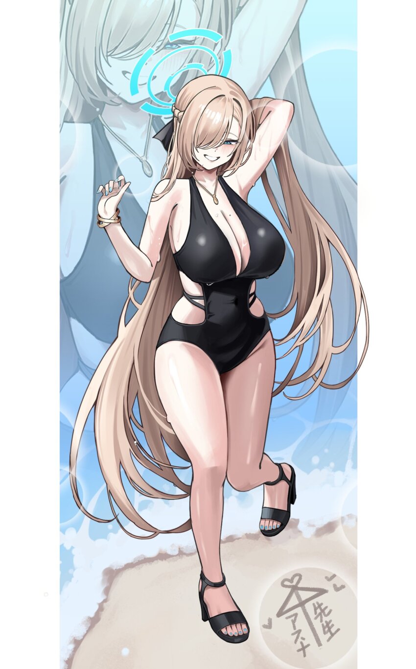 1girl asuna_(blue_archive) bangle bare_shoulders beach black_one-piece_swimsuit black_sandals blonde_hair blue_archive blue_eyes blue_halo blue_nails blush bracelet braid breasts cleavage collarbone grin groin hair_over_one_eye half_up_braid halo highres jewelry large_breasts leg_up long_hair looking_at_viewer mole mole_on_breast necklace o-los one-piece_swimsuit sandals smile solo swimsuit thighs very_long_hair