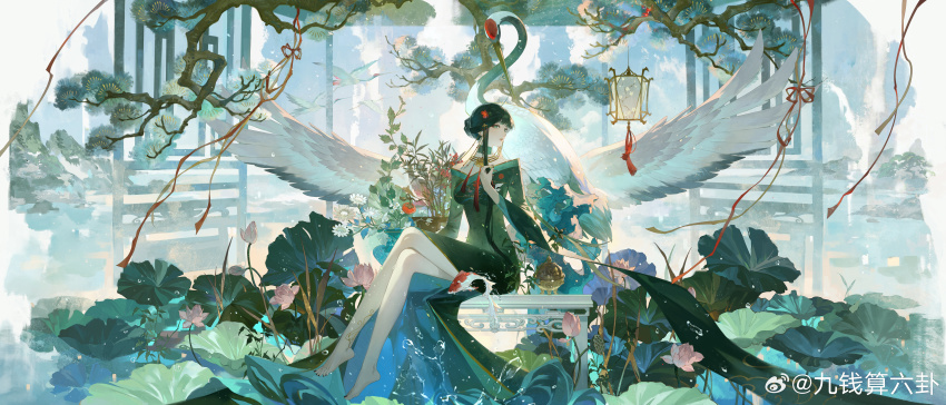 1girl absurdres barefoot bird black_hair black_nails blunt_bangs chinese_commentary choker crane_(animal) crossed_legs dress eyeshadow facing_to_the_side flower food fruit full_body green_choker green_dress green_eyes hair_bun hair_ornament hairclip hand_up highres incense_burner jewelry koi lantern lattice leaf_print leg_tattoo long_dress long_sleeves looking_at_viewer lotus lotus_leaf makeup mountain nail_polish neck_tassel necklace off-shoulder_dress off_shoulder on_bench paper_lantern persimmon pine_tree pink_flower plant potted_plant red_eyeshadow red_lips red_ribbon ribbon ribbon_choker shachang side_slit sidelocks single_hair_bun sitting solo splatter tattoo toenail_polish toenails tree vase water watermark weibo_watermark white_flower wide_sleeves wuhua_mixin