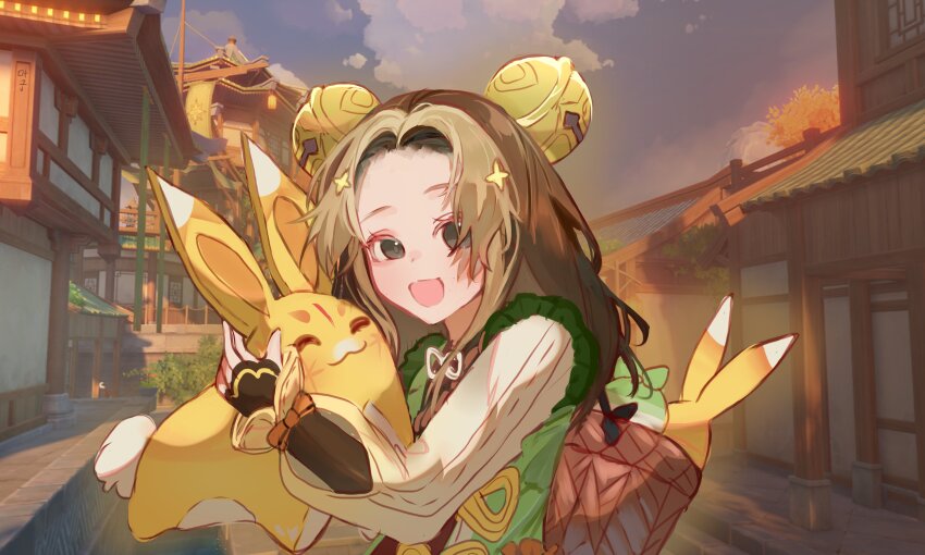 1girl absurdres animification architecture backpack_basket banner basket bell blush bow-shaped_hair brown_eyes brown_hair building bush cloud coin_hair_ornament commentary cosplay dress east_asian_architecture english_commentary english_text evening game_screenshot_background genshin_impact gradient_sleeves hair_bell hair_ornament highres holding holding_stuffed_toy in-universe_location jingle_bell kanako_(fuwachu) kelsey_jaffer long_hair long_sleeves looking_at_viewer open_mouth radish real_life screenshot_background sidelocks sky smile solo stuffed_animal stuffed_rabbit stuffed_toy tree upper_body voice_actor voice_actor_connection yaoyao_(genshin_impact) yaoyao_(genshin_impact)_(cosplay)