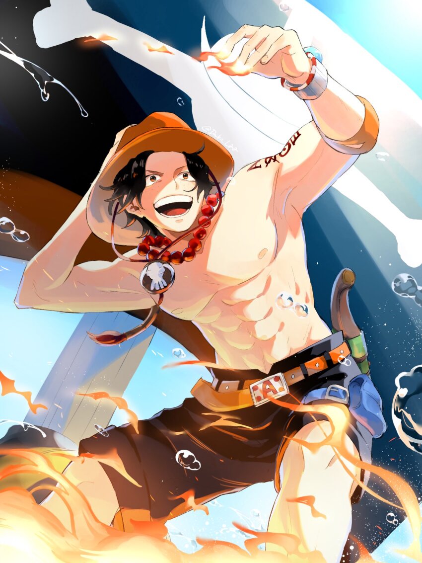 1boy arm_tattoo black_hair black_shorts bracelet commentary_request dako_l22 elbow_pads fire freckles hand_on_headwear hat highres jewelry jolly_roger log_pose male_focus necklace one_piece orange_hat outdoors pearl_necklace portgas_d._ace short_hair shorts single_elbow_pad solo tattoo topless_male water whitebeard_pirates_jolly_roger