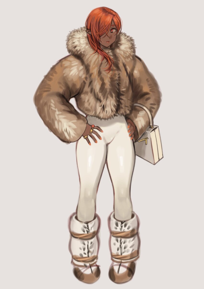 1girl bag boots coat dark-skinned_female dark_skin elf full_body fur-trimmed_coat fur_boots fur_collar fur_trim grey_background hair_over_one_eye hands_on_own_hips highres jewelry long_sleeves looking_at_viewer nail_polish one_eye_covered orange_eyes orange_hair orange_nails original pants pointy_ears ring simple_background solo standing sunna_(nilsunna) ugg_boots white_pants winter_clothes winter_coat