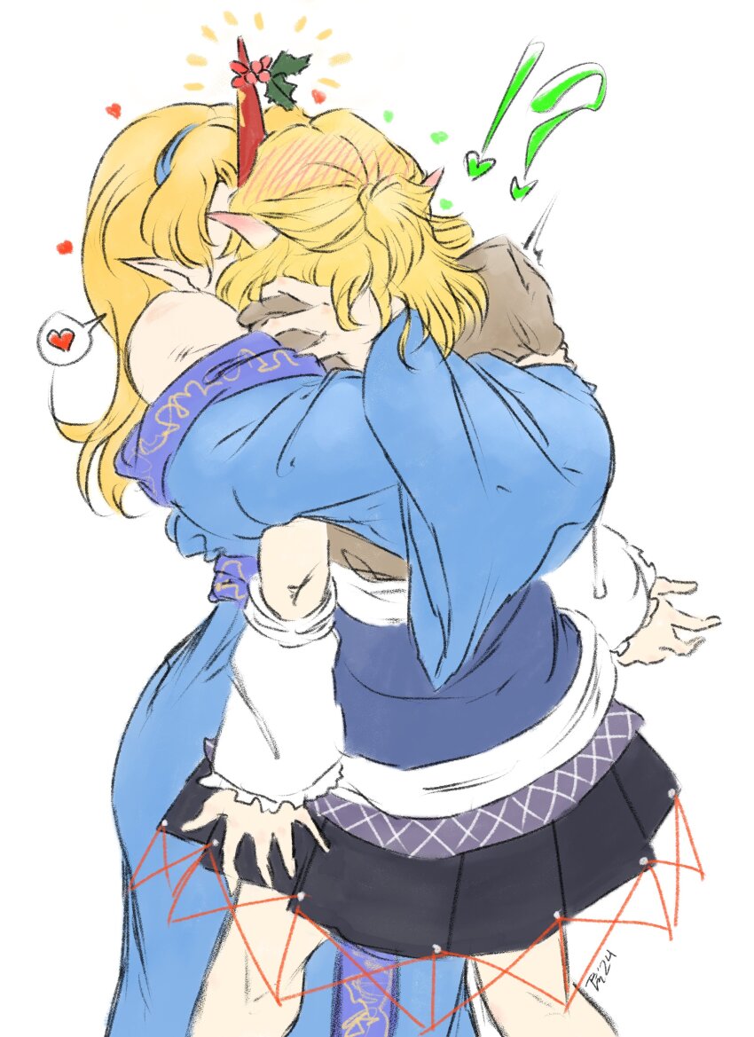 !? 2girls absurdres arm_warmers bare_shoulders black_skirt blonde_hair blue_kimono blue_overskirt blush bread_master brown_shirt half_updo heart height_difference highres holly horns hoshiguma_yuugi hug japanese_clothes kimono kiss mizuhashi_parsee multiple_girls oni overskirt pointy_ears shirt short_hair single_horn skirt touhou white_arm_warmers yuri