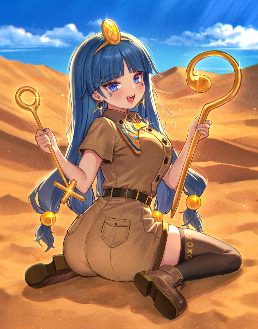 1girl :d absurdres ass belt black_thighhighs blue_eyes blue_hair blue_nails blue_sky breasts brown_shirt brown_shorts cloud collared_shirt day desert earrings facial_mark fang fossilized_wonders gold gold_buckle gold_hairband gold_headdress gold_headwear hairband highres holding holding_scepter jewelry key_earrings large_breasts lips long_hair looking_at_viewer michigami_nareko open_mouth outdoors qiu_ju sand sand_dune scepter shirt short_sleeves shorts sitting sky smile solo sphere_hair_ornament thighhighs touhou triangle triangle_facial_mark usekh_collar wariza