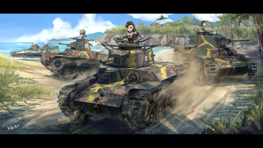 3girls :d absurdres artist_name black_border black_hair border brown_headwear brown_jacket camouflage caterpillar_tracks chi-hatan_(emblem) chi-hatan_military_uniform cloud cloudy_sky commentary driving emblem fukuda_haru girls_und_panzer glasses highres jacket kk90 long_hair long_sleeves military military_vehicle motor_vehicle multiple_girls nishi_kinuyo open_mouth pointing sand sky smile special_type_2_launch_ka-mi splashing sun tamada_tamaki tank type_95_ha-gou type_97_chi-ha type_97_lmg vehicle_focus water wheel white_background