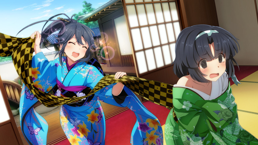 2girls :d @_@ bikini black_hair blue_kimono blush closed_eyes collarbone day drooling drunk female_pervert floral_print furisode furrowed_brow game_cg green_hairband green_kimono hairband indoors japanese_clothes kimono long_hair long_sleeves mouth_drool multiple_girls musumi_kiyoka obi official_art open_mouth pervert ponytail print_bikini sash short_hair short_sleeves single_off_shoulder sky slice_of_life smile swimsuit tatami tearing_up toji_no_miko toji_no_miko:_kizamishi_issen_no_tomoshibi undressing_another wide_sleeves yamashiro_yui