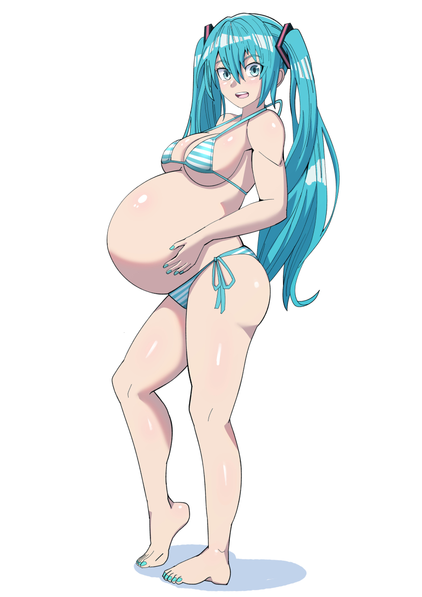 1girl absurdres bare_arms bare_legs bare_shoulders belly bikini bikini_day blue_eyes blue_hair blue_nails breasts fingernails hair_between_eyes hand_on_own_stomach hatsune_miku highres legs long_hair looking_at_viewer open_mouth pregnant shiny_skin solo standing stark_(shitake) stomach striped_bikini striped_clothes swimsuit teeth toenails tongue upper_teeth_only very_long_hair vocaloid white_background
