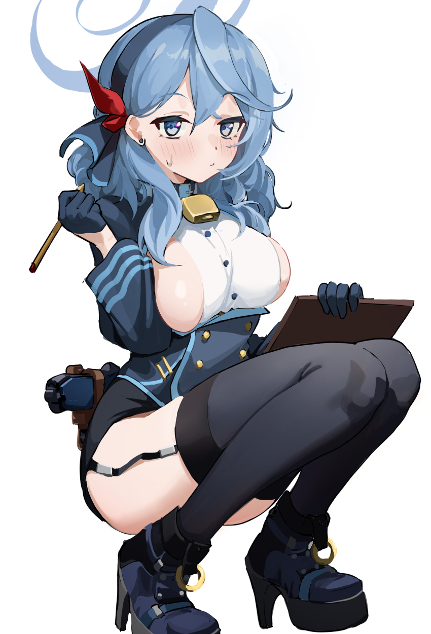 1girl absurdres ako_(blue_archive) ass bell black_boots black_thighhighs blue_archive blue_eyes blue_hair boots breasts clipboard commentary_request earrings full_body garter_straps hair_between_eyes hairband halo high_heel_boots high_heels highres holding holding_clipboard holding_pen jewelry large_breasts long_hair long_sleeves looking_at_viewer neck_bell pen sideboob sidelocks simple_background solo squatting suye thighhighs white_background