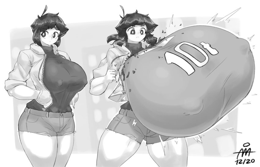10-ton 1girl allanchorsaweigh boku_no_hero_academia breast_expansion breasts casual covered_erect_nipples gigantic_breasts highres jacket short_hair solo thick_thighs thighs wardrobe_malfunction