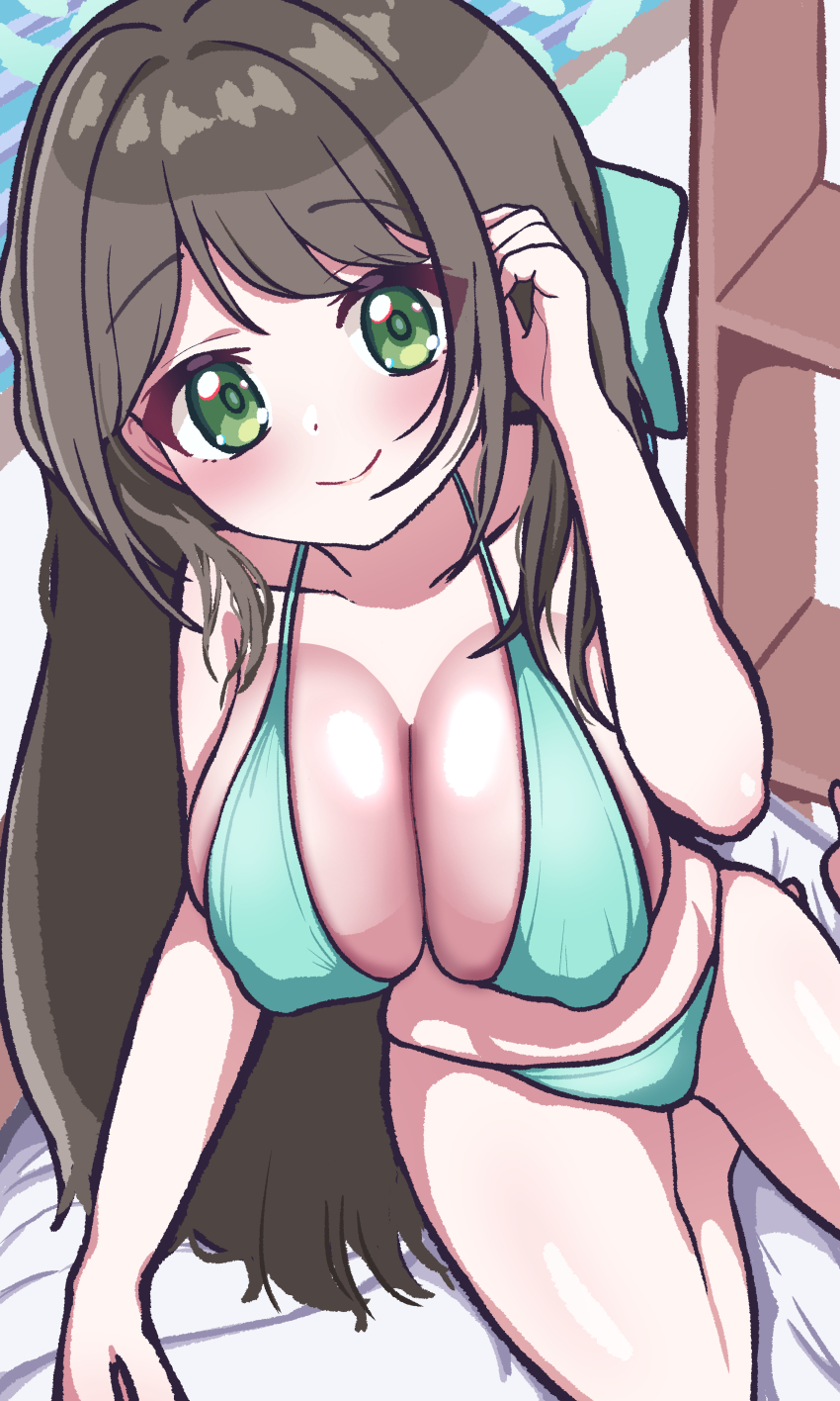 1girl absurdres airi_(blue_archive) alternate_breast_size alternate_costume aqua_bikini aqua_ribbon bikini black_hair blue_archive breasts cleavage green_eyes hair_ribbon halo highres large_breasts long_hair looking_at_viewer panatisia ribbon smile straight_hair swimsuit