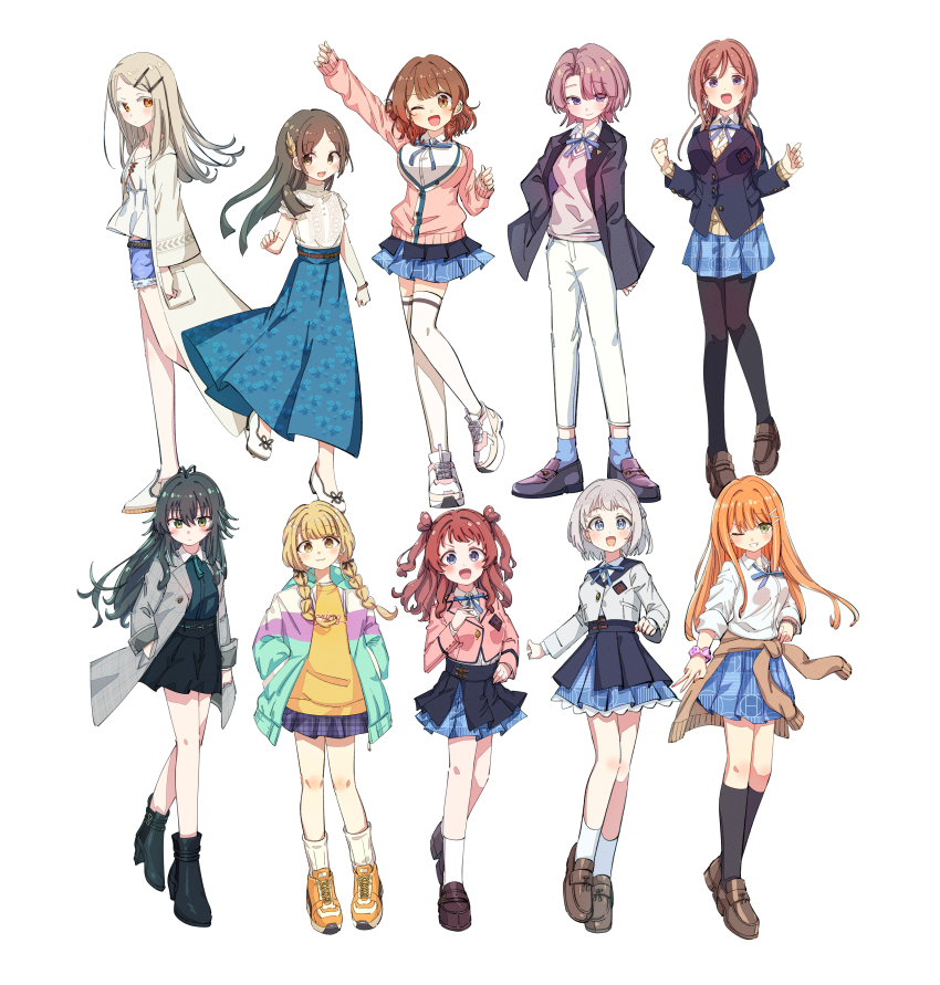 6+girls absurdres aqua_skirt arimura_mao asymmetrical_bangs black_pantyhose black_skirt blonde_hair blue_jacket blue_overskirt blue_ribbon blue_skirt blush braid breasts brown_hair coat commentary_request denim denim_shorts flipped_hair fujita_kotone full_body gakuen_idolmaster gradient_hair green_hair grey_coat grey_hair hair_flaps half_up_braid hanami_saki hanami_ume hatsuboshi_gakuen_school_uniform highres himesaki_rinami idolmaster jacket katsuragi_lilja kuramoto_china large_breasts looking_at_viewer medium_breasts multicolored_hair multicolored_jacket multiple_girls neck_ribbon nzuwaiganin orange_hair pants pantyhose parted_bangs pink_hair ribbon robe school_uniform shinosawa_hiro shirt shiun_sumika shorts simple_background skirt small_breasts smile straight_hair tachi-e tsukimura_temari twin_braids two_side_up white_background white_pants white_robe white_shirt