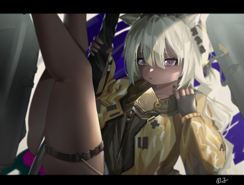 1girl absurdres animal_ears arknights black_gloves black_nails camel_ears camel_girl closed_umbrella commentary dark-skinned_female dark_skin euphori fingerless_gloves gloves highres holding holding_umbrella jacket long_hair looking_at_viewer purple_eyes solo thigh_strap thighs tuye_(arknights) umbrella white_hair yellow_jacket