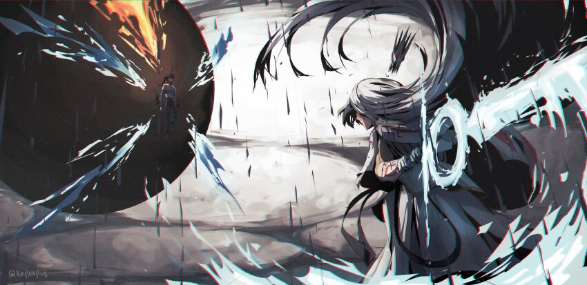 2boys absurdres belt blood brown_hair capelet clenched_hands cloud crown energy_sword energy_wings facepaint facial_mark fighting_stance floating hairband highres holding holding_sword holding_weapon horns kapxapius long_hair looking_at_another multiple_boys orb original pants ponytail rain robe shirt sword torn_clothes torn_shirt tower_of_god twenty-fifth_bam weapon white_(tower_of_god) white_hair white_robe white_shirt wings
