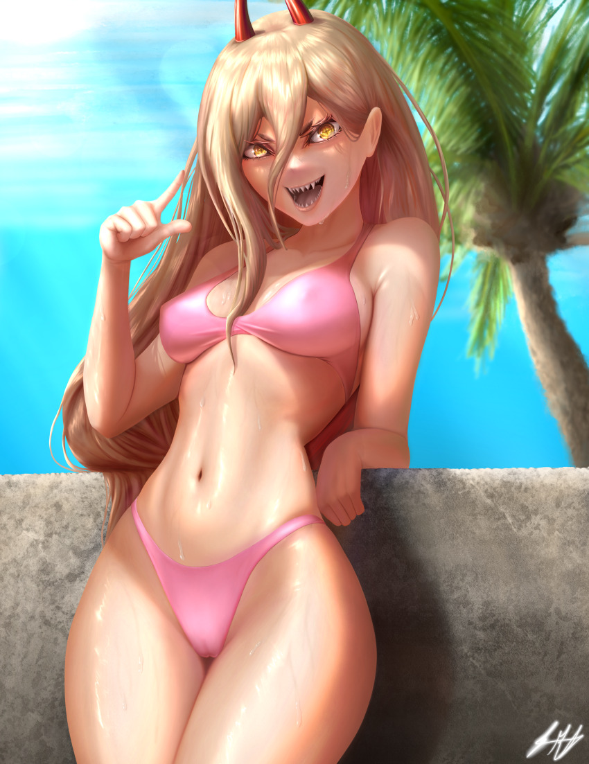 1girl absurdres against_wall beach bikini blonde_hair breasts chainsaw_man covered_erect_nipples day hair_between_eyes highres horns leaning_back long_hair looking_at_viewer medium_breasts navel open_mouth outdoors palm_tree pink_bikini pointing power_(chainsaw_man) ryanofstatefarm sharp_teeth signature smile solo stomach stone_wall sweat swimsuit teeth tree wall water wide_hips yellow_eyes