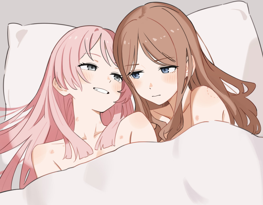 2girls absurdres add_leir bang_dream! bang_dream!_it&#039;s_mygo!!!!! bare_shoulders bed_sheet bite_mark bite_mark_on_shoulder blue_eyes blunt_ends blush brown_hair chihaya_anon clenched_teeth closed_mouth collarbone commentary_request fang grey_background grey_eyes grin hickey highres long_hair looking_at_another looking_to_the_side multiple_girls nagasaki_soyo naked_sheet open_mouth parted_bangs pillow pink_hair side-by-side sidelocks smile teeth under_covers upper_body yuri
