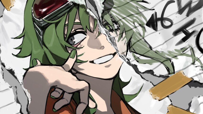 1girl commentary_request eyelid_pull goggles goggles_on_head green_eyes green_nails grey_eyes grin gumi haikei_doppelganger_(vocaloid) hair_between_eyes heterochromia highres looking_to_the_side ma0ma0_0 medium_hair paper portrait smile solo vocaloid