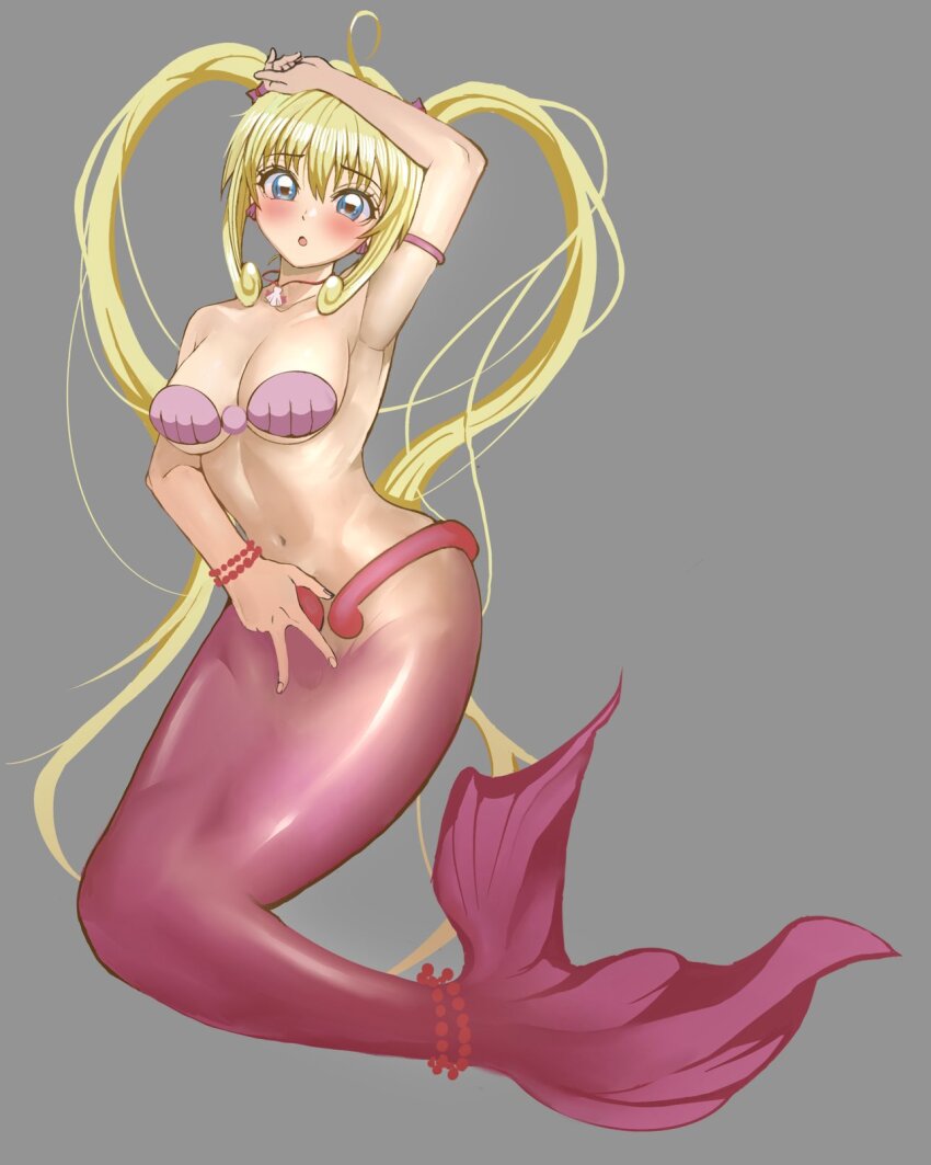 ahoge bare_shoulders bead_tail_ornament bikini blonde_hair blue_eyes commission earrings fins fish_tail full_body grey_background highres jewelry long_hair mermaid mermaid_melody_pichi_pichi_pitch monster_girl nanami_lucia nanami_lucia_(mermaid) navel necklace rokuba shell shell_bikini shell_earrings shell_necklace simple_background swimsuit tail twintails