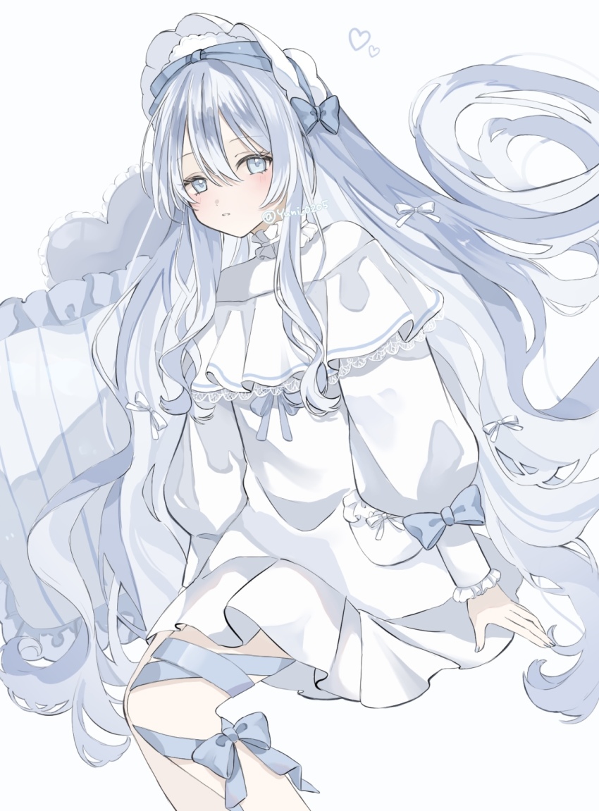 1girl blue_bow bonnet bow commentary_request dress feet_out_of_frame frilled_pillow frills grey_eyes grey_hair hair_between_eyes hat heart heart-shaped_pillow highres long_hair long_sleeves looking_at_viewer original parted_lips pillow puffy_long_sleeves puffy_sleeves simple_background sitting solo twitter_username very_long_hair white_background white_dress white_hat yuni_0205