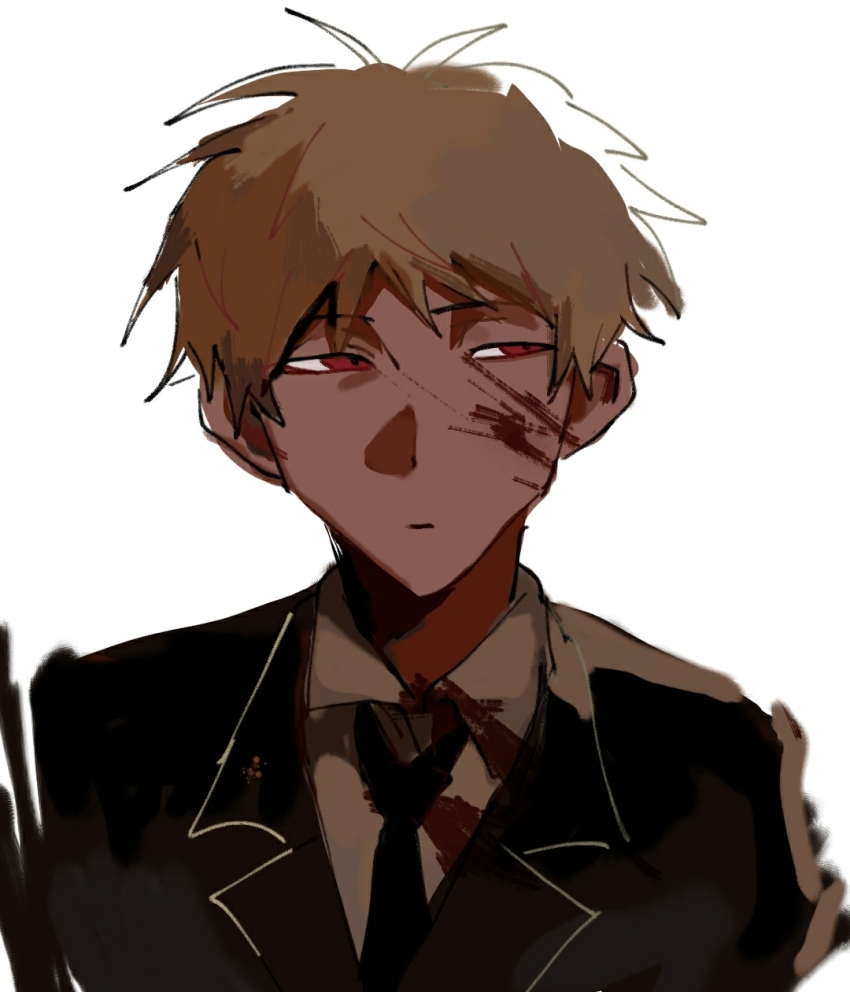 1boy alternate_costume atou_haruki beiquqian black_jacket black_necktie blonde_hair blood blood_on_clothes blood_on_face chinese_commentary closed_mouth collared_shirt commentary_request expressionless formal_clothes highres jacket lapels male_focus necktie notched_lapels red_eyes saibou_shinkyoku shirt short_hair simple_background solo suit suit_jacket upper_body variant_set white_background white_shirt