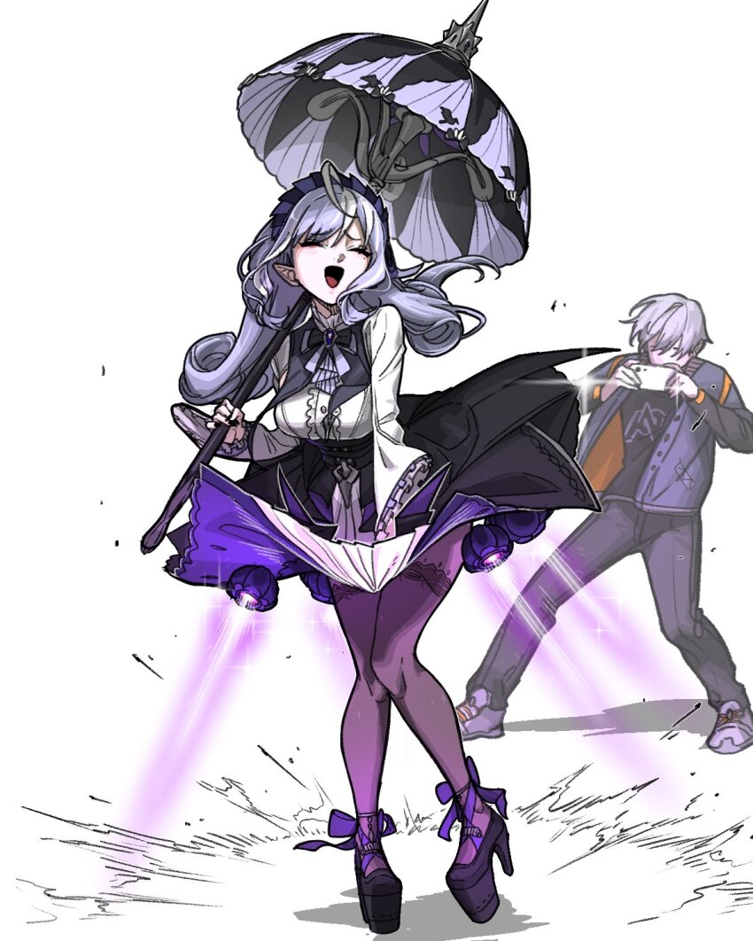 1boy 1girl ahoge ascot black_nails black_pants black_shirt bow bowtie breasts cellphone center_frills closed_eyes commentary dress dress_tug facing_viewer frills full_body gem grey_hair gwongiyeon67479 hairband high_heels highres holding holding_phone holding_umbrella jacket long_hair long_sleeves marilyn_monroe mole mole_under_eye open_mouth pants pantyhose phone pointy_ears purple_ascot purple_bow purple_bowtie purple_gemstone purple_hair purple_hairband purple_shoes purple_umbrella shirt shoes sidelocks simple_background smartphone smile taking_picture thrusters umbrella vivian_(zenless_zone_zero) wise_(zenless_zone_zero) zenless_zone_zero