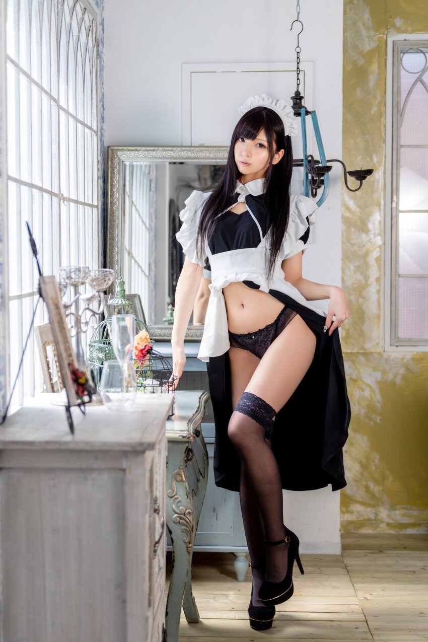 1girl apron black_hair black_panties cabinet clothes_lift dress dress_lift high_heels indoors japanese_(nationality) lingerie long_hair maid maid_apron maid_headdress mirror navel panties photo_(medium) real_life skinny thighhighs underwear window