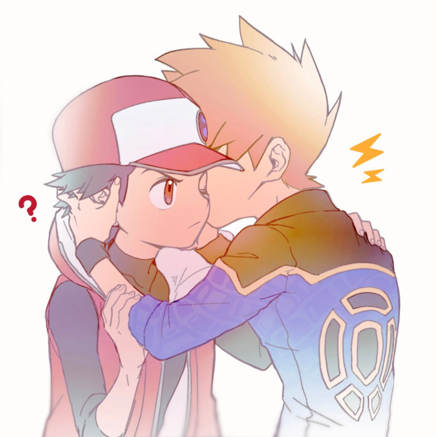 2boys blue_oak blue_oak_(sygna_suit) brown_eyes ca_pkmn highres holding_detached_head male_focus md5_mismatch multiple_boys nintendo orange_hair pokemon pokemon_masters_ex red_(pokemon) red_(sygna_suit)_(pokemon) whispering