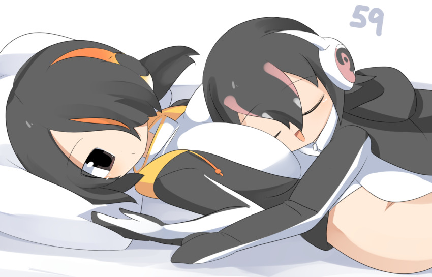 2girls between_breasts black_hair black_jacket breasts brown_eyes closed_mouth commentary_request cowboy_shot emperor_penguin_(kemono_friends) expressionless face_between_breasts gentoo_penguin_(kemono_friends) hair_between_eyes hair_over_one_eye head_between_breasts headphones jacket kemono_friends large_breasts lets0020 long_bangs lying medium_breasts multicolored_hair multiple_girls numbered on_back one-piece_swimsuit open_clothes open_jacket open_mouth orange_hair pillow pink_hair short_hair sleeping sleeping_on_person smile streaked_hair swimsuit white_one-piece_swimsuit