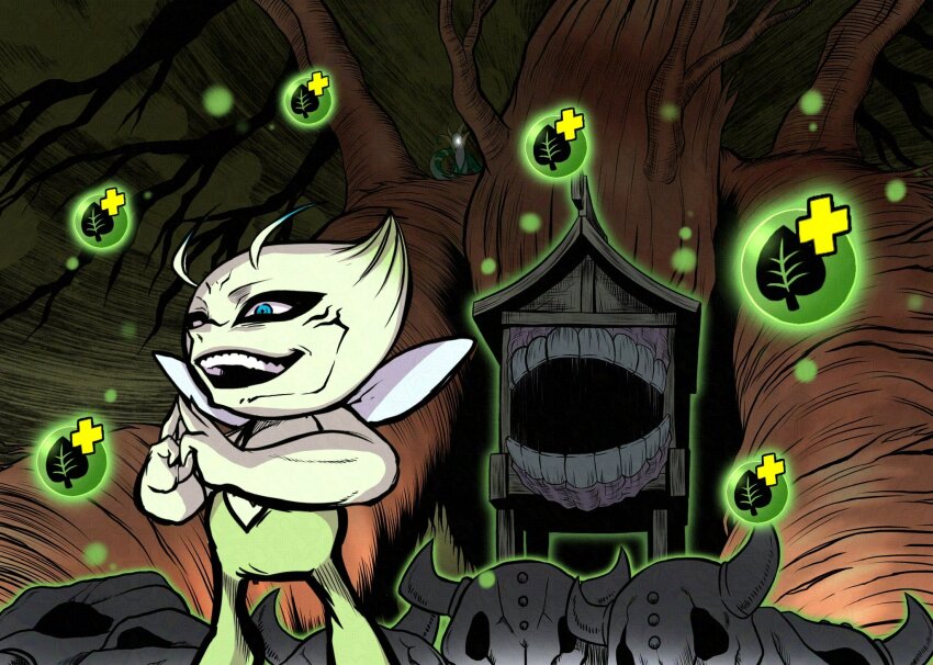 animal_skull blue_eyes bubble celebi commentary_request cosplay creatures_(company) delraich66 domain_expansion game_freak gameplay_mechanics gen_2_pokemon gen_5_pokemon glowing glowing_eyes highres jujutsu_kaisen leaf_print legendary_pokemon mythical_pokemon nintendo no_humans open_mouth pile_of_skulls pokemon pokemon_(creature) pokemon_tcg pokemon_tcg_pocket ryoumen_sukuna_(jujutsu_kaisen) ryoumen_sukuna_(jujutsu_kaisen)_(cosplay) serperior shrine smile snake teeth tree upper_teeth_only wings