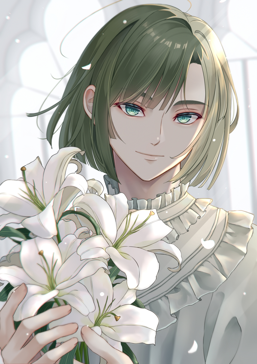 1boy absurdres aqua_eyes backlighting bishounen bloom blunt_bangs blunt_ends blurry bob_cut bouquet chromatic_aberration commentary_request depth_of_field flower frilled_shirt frills grey_hair hakushi_(szuu2535) hands_up highres hikaru_no_go holding holding_bouquet holding_flower indoors light_particles lily_(flower) looking_at_viewer male_focus parted_bangs petals portrait shirt short_hair smile solo sunlight touya_akira white_shirt window