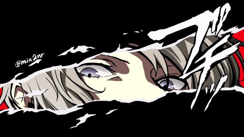 1boy black_background eme_(204) grey_hair highres kiryu_yoshiya looking_at_viewer male_focus parody persona persona_5 persona_eyes serious solo subarashiki_kono_sekai