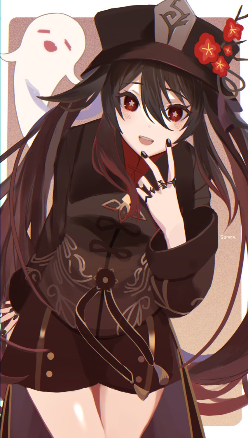 1girl black_nails black_shorts brooch brown_hair chinese_clothes coat coattails collared_coat collared_shirt colored_tips flower flower-shaped_pupils genshin_impact ghost hat hat_flower hat_ornament highres hu_tao_(genshin_impact) jewelry multicolored_hair multiple_rings nail_polish plum_blossoms porkpie_hat red_eyes red_shirt ring shirt shorts solo sonica symbol-shaped_pupils tailcoat thumb_ring twintails