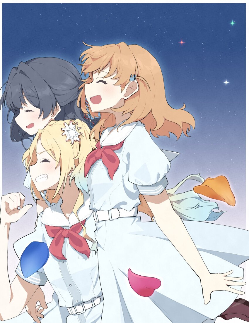 3girls :d ^_^ absurdres black_hair blonde_hair blue_dress blue_petals border closed_eyes commentary constellation cowboy_shot dress fang grin hair_ornament half_updo hashtag-only_commentary hasu_no_sora_school_uniform highres hinoshita_kaho link!_like!_love_live! long_hair love_live! medium_hair multiple_girls murano_sayaka neckerchief open_mouth orange_petals osawa_rurino outside_border parted_bangs pink_petals puffy_short_sleeves puffy_sleeves rabbit_hair_ornament red_neckerchief sailor_collar sailor_dress school_uniform short_sleeves sideways_mouth sio_pasta sky smile star_(sky) starry_sky summer_uniform twintails two_side_up virtual_youtuber white_border white_sailor_collar