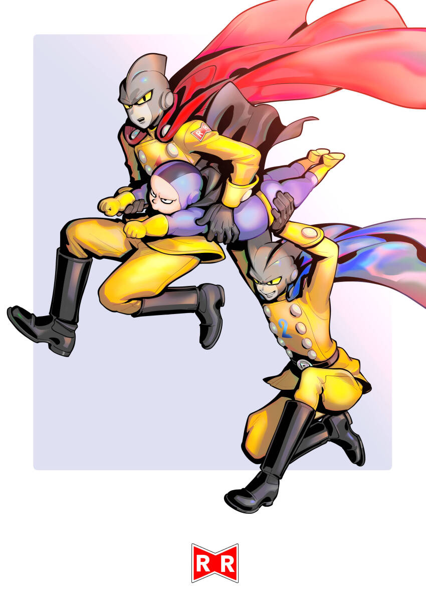 3boys absurdres android black_cape black_eyes black_footwear blue_cape boots cape child colored_sclera dr._hedo dragon_ball dragon_ball_super dragon_ball_super_super_hero fat fat_man gamma_1 gamma_2 gloves highres holding holding_phone looking_at_viewer multiple_boys no_eyebrows phone red_cape simple_background spandex superhero_costume supobi yellow_boots yellow_gloves yellow_sclera