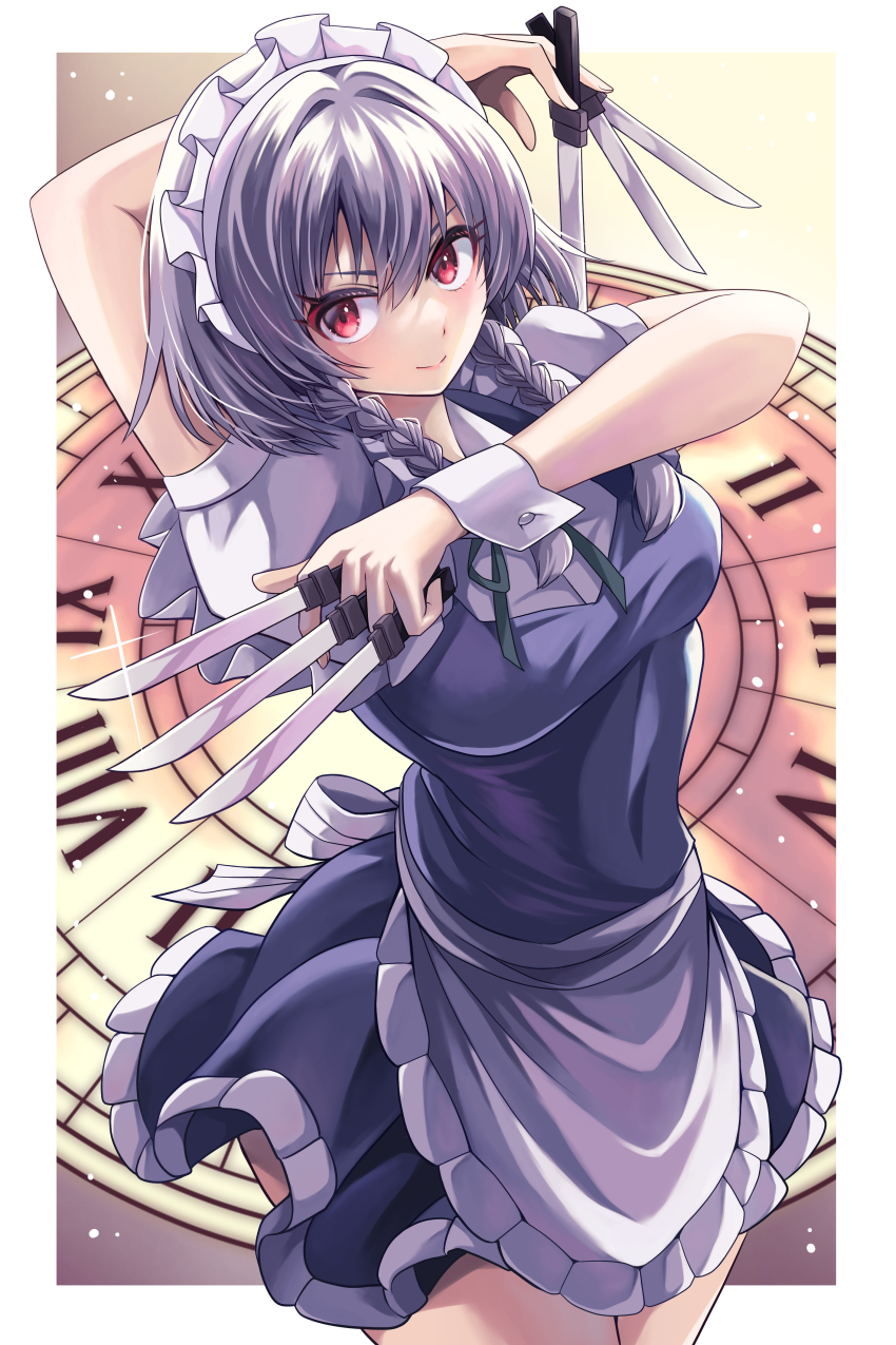 1girl absurdres apron back_bow between_fingers bow braid closed_mouth commentary_request green_ribbon grey_hair happy_ginko highres holding holding_knife izayoi_sakuya knife knives_between_fingers long_hair looking_at_viewer maid maid_headdress neck_ribbon puffy_short_sleeves puffy_sleeves red_eyes ribbon roman_numeral short_sleeves smile solo touhou twin_braids waist_apron white_apron white_bow wrist_cuffs