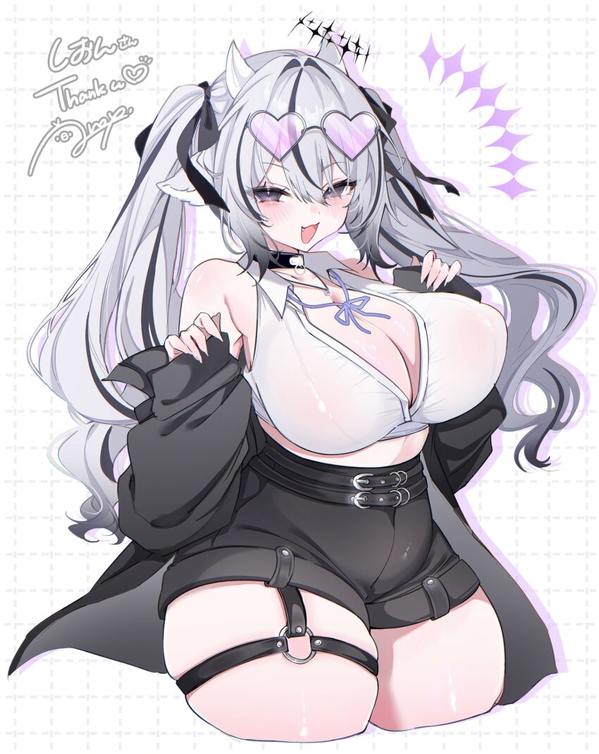 1girl animal_ears anoyo_(anoyode0) belt black_belt black_hair black_halo black_jacket black_ribbon black_shorts breasts cleavage grey_eyes grey_hair hair_ribbon halo heart heart-shaped_eyewear highres horns jacket large_breasts long_hair long_sleeves looking_at_viewer multicolored_hair off_shoulder open_mouth original ribbon shirt shorts sleeves_past_wrists smile solo sunglasses thick_thighs thigh_strap thighs twintails white_shirt
