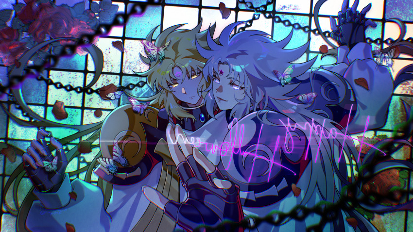 2boys absurdres armor black_armor blonde_hair brothers bug butterfly butterfly_on_hand butterfly_on_head chain expressionless facial_mark flower forehead_mark glowing glowing_eyes gold_armor hands_up happy_halloween hexagram highres holding_hands hypnos_(saint_seiya) indoors insect light_frown long_hair long_sleeves looking_at_viewer male_focus multiple_boys parted_bangs parted_lips pauldrons petals puffy_long_sleeves puffy_sleeves reaching reaching_towards_viewer red_flower red_rose robe rose rose_petals saint_seiya short_hair shoulder_armor siblings snowflake_(diodarja) spiked_hair star_(symbol) star_facial_mark thanatos_(saint_seiya) twins two-tone_armor white_eyes white_hair white_robe yellow_eyes