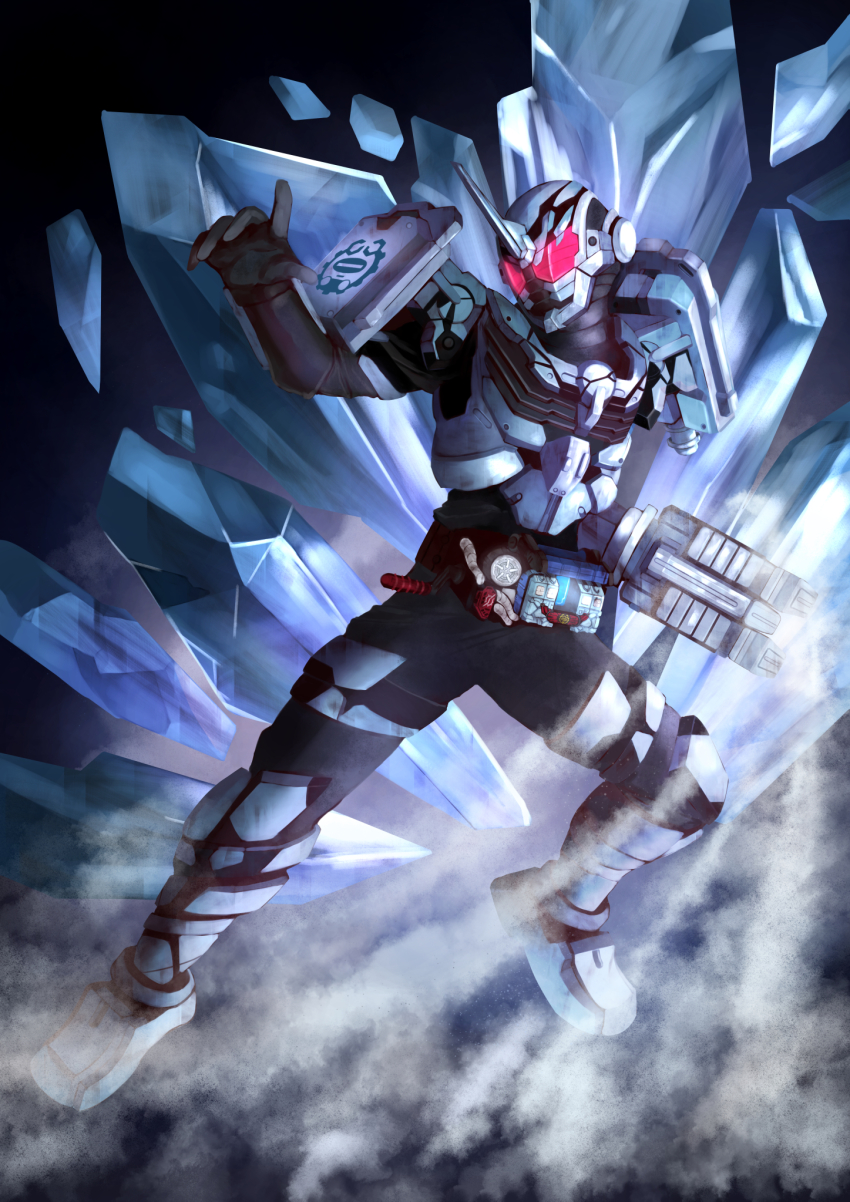 1boy armor belt black_bodysuit black_gloves blizzard blizzard_knuckle blue_armor blue_footwear blue_horns bodysuit boots build_driver claw_(weapon) compound_eyes fighting_stance gloves grease_blizzard highres horns ice kamen_rider kamen_rider_build_(series) kamen_rider_grease male_focus mechanical_hands red_eyes ribbed_bodysuit single_horn single_mechanical_hand tsubasansan weapon winter