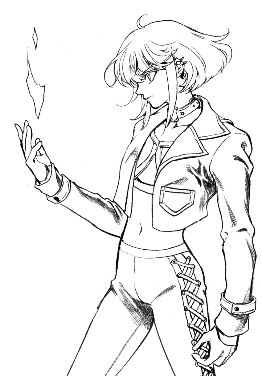 1boy androgynous bae_(baebae) crop_top cropped_jacket earrings fire greyscale highres jewelry lio_fotia male_focus midriff monochrome promare pyrokinesis sidelocks solo stitched_pants trap