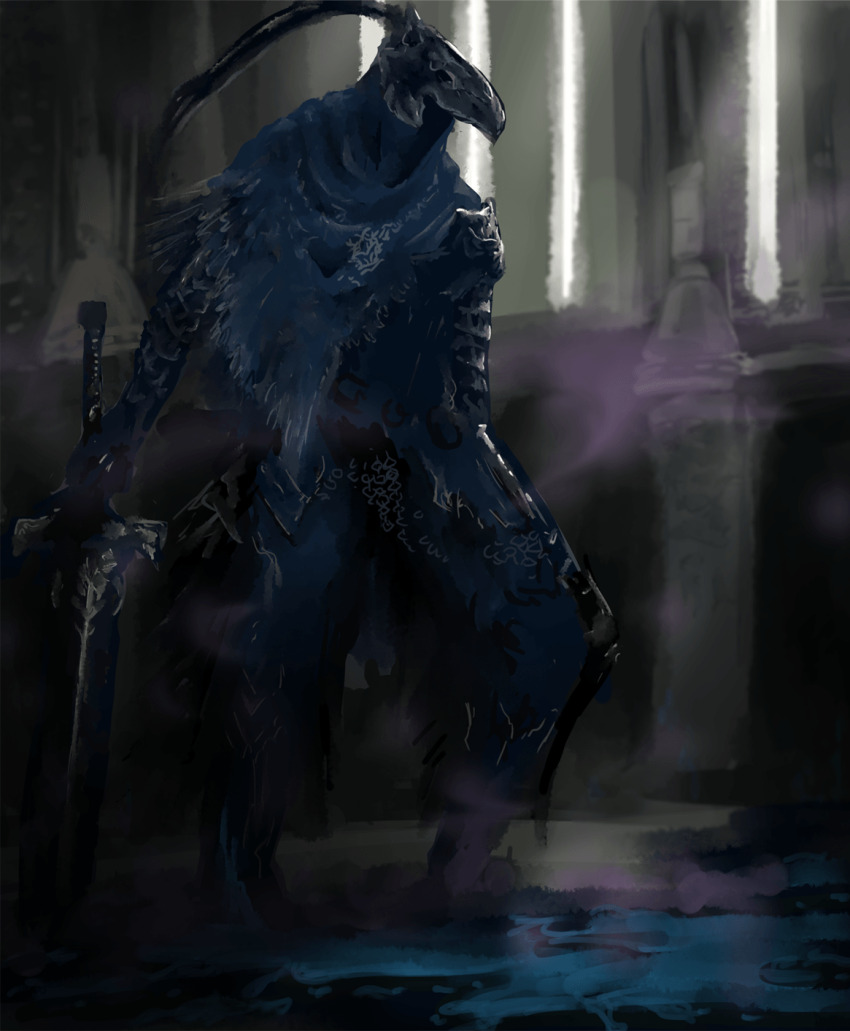 1boy aby armor armored_boots artorias_the_abysswalker blue_cape boots breastplate cape commentary_request dark_souls_(series) dark_souls_i full_body helmet highres holding holding_sword holding_weapon indoors knight looking_afar male_focus plume puddle solo standing sunlight sword weapon