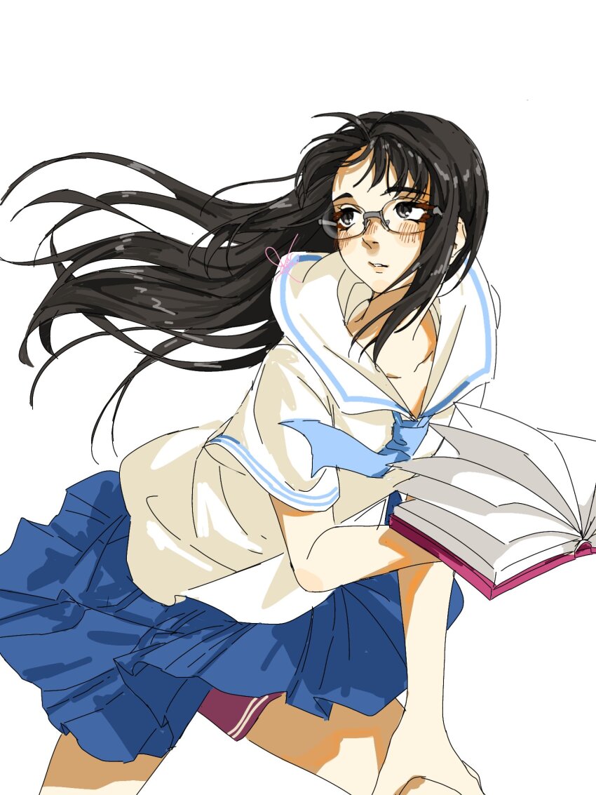 1girl black_hair blue_neckerchief blue_skirt book collarbone commentary english_commentary floating_hair glasses highres holding holding_book kyuunn looking_to_the_side minakami_mai neckerchief nichijou open_book pleated_skirt sailor_collar school_uniform shirt shorts shorts_under_skirt simple_background skirt solo summer_uniform tokiwadai_school_uniform white_background white_sailor_collar white_shirt