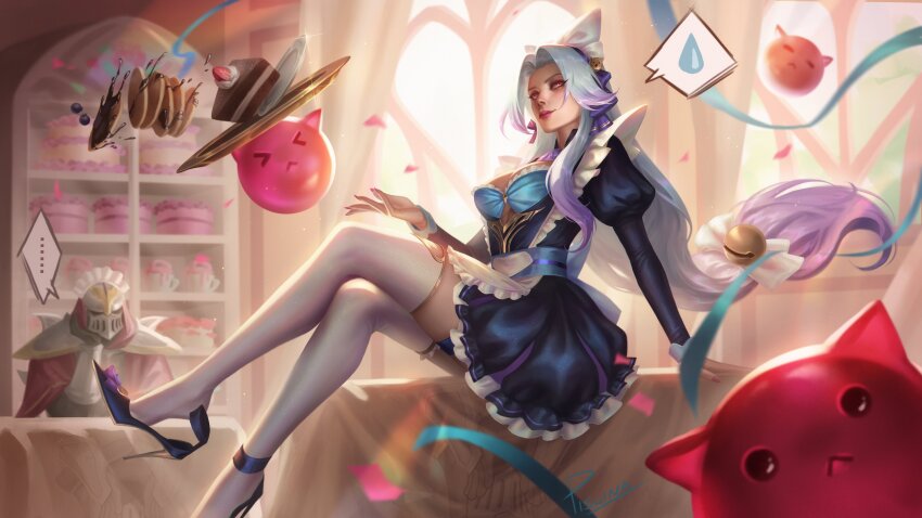 ... 1boy 1girl absurdres alternate_costume apron artist_name black_footwear breasts cake cake_slice closed_mouth english_text fingernails food high_heels highres indoors large_breasts league_of_legends long_hair long_sleeves looking_at_viewer maid maid_apron mask nail_polish on_table pink_eyes piscina plate red_nails sitting smile syndra table thighhighs white_hair white_thighhighs window zed_(league_of_legends)