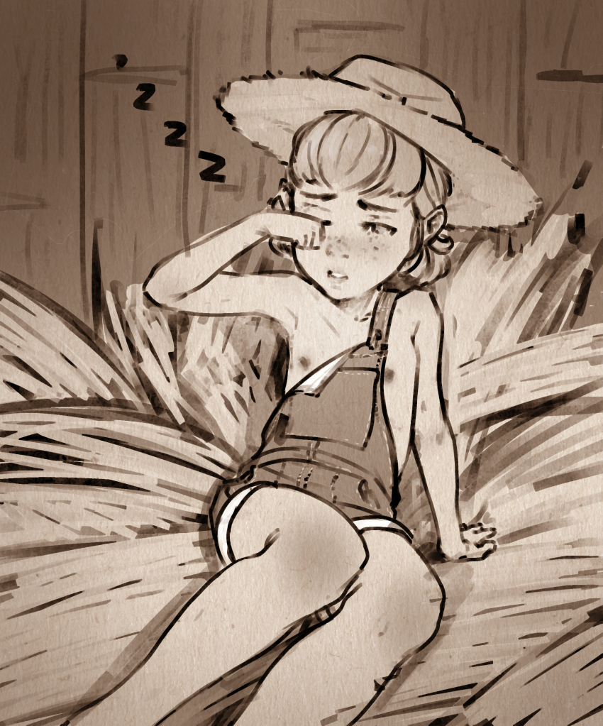 1girl armpits blush diathorn dress feet_out_of_frame female_focus flat_chest freckles hat highres loli monochrome nipples no_bra original overall_shorts overalls realistic sketch small_areolae small_nipples solo straw_hat tagme zzz