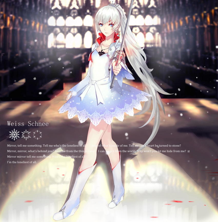 1girl aqua_eyes blood blood_on_face blue_eyes boots character_name dress english_text female_focus full_body highres holding holding_sword holding_weapon indoors jewelry kiwamu long_hair looking_at_viewer lyrics necklace ponytail popped_collar rapier rwby scar skirt snow snowflakes solo sword text_focus tiara trendgold very_long_hair weapon weiss_schnee white_hair