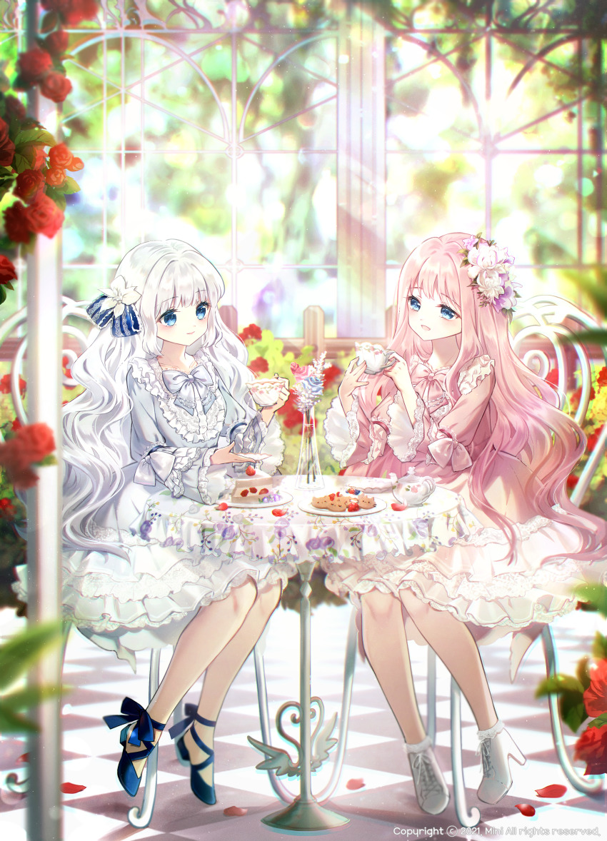 2girls :d absurdres blue_eyes blue_flower blue_footwear blue_rose blurry blurry_background cake cake_slice checkered_floor closed_mouth commentary commission cup danby_merong day depth_of_field dress flower food fruit grey_dress high_heels highres holding holding_cup indoors long_hair long_sleeves multiple_girls open_mouth original petals pink_dress pink_flower pink_hair pink_rose plate rose shoes smile strawberry symbol-only_commentary table teapot very_long_hair watermark white_footwear white_hair wide_sleeves
