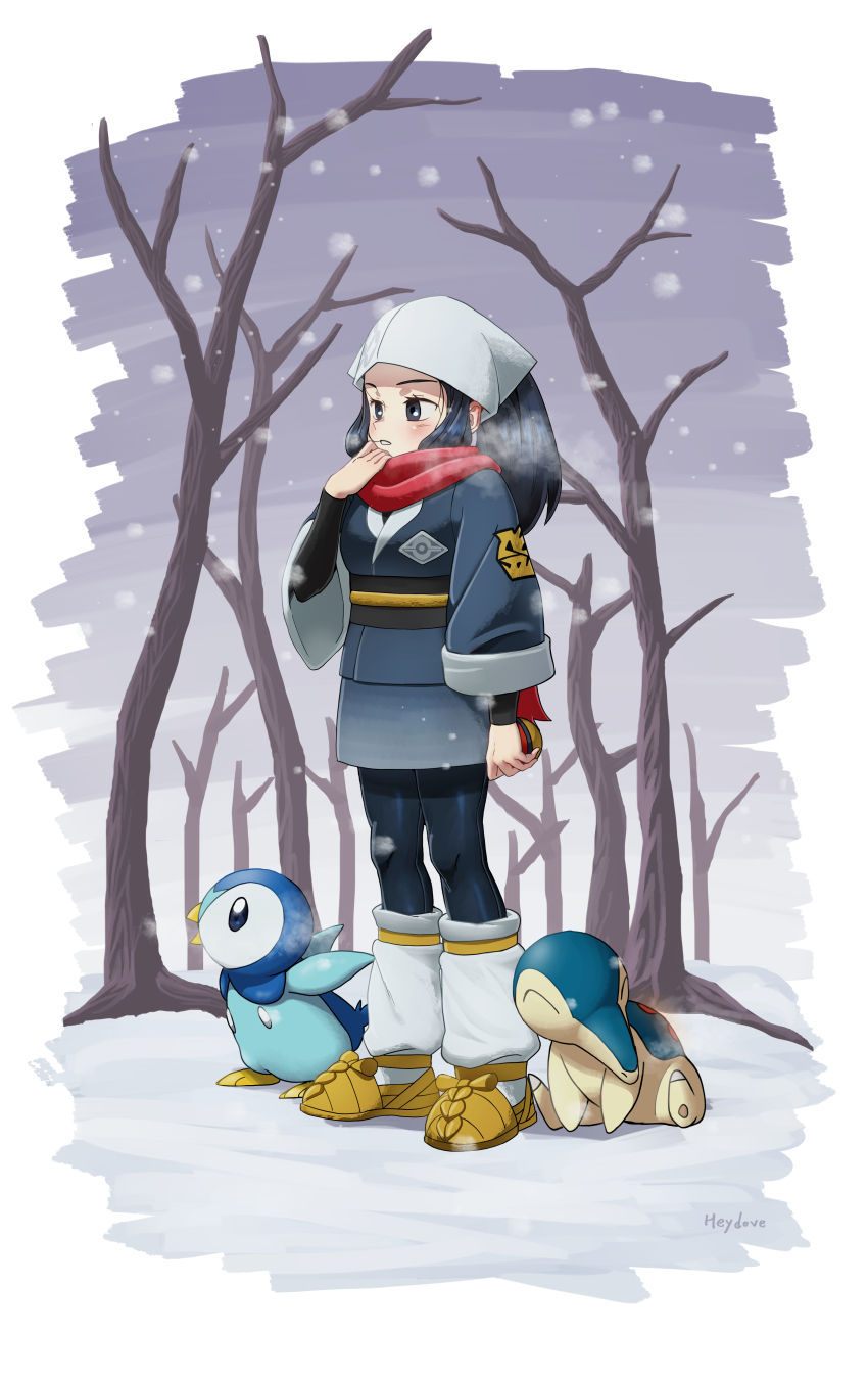 1girl absurdres akari_(pokemon) bare_tree black_hair black_pantyhose black_sash black_shirt breath commentary_request cyndaquil eyelashes gen_2_pokemon gen_4_pokemon grey_eyes headscarf heydove highres hisuian_poke_ball holding holding_poke_ball jacket logo long_hair loose_socks nintendo outdoors pantyhose parted_lips piplup poke_ball pokemon pokemon_(creature) pokemon_legends:_arceus ponytail sash scarf shirt shoes sidelocks skirt snowing socks standing tree white_headscarf white_headwear