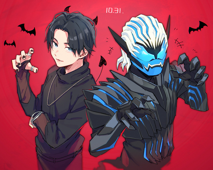 2boys aam09212 adk-em armor bandai bandai_namco bat_(animal) black_armor black_hair black_nails black_shirt blue_eyes blue_sky bracelet dated demon_boy demon_horns fangs goth_fashion hair_slicked_back halloween highres horns ishimori_prod jewelry kagerou_(kamen_rider_revice) kamen_rider kamen_rider_revice long_fingers looking_at_viewer male_focus multiple_boys multiple_rings nail_polish necklace open_hand outside_border pointy_ears red_background ring sharp_teeth shirt short_hair sky spirit teeth toei_company tokusatsu tv_asahi upper_body vice_(kamen_rider_revice) white_hair