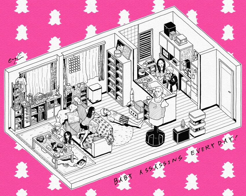 2girls baby_walkure bowl commentary_request copyright_name couch curtains door dummy eating enya_honami fukagawa_mahiro greyscale_with_colored_background hand_up highres holding holding_weapon interior kitchen lying multiple_girls on_back shelf short_sleeves shorts sink sitting standing sugimoto_chisato toaster_oven weapon
